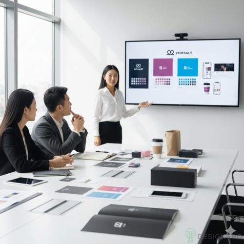 Benefits Of Hiring Company Logo Designer Singapore in 2026 6 Designer presenting branding options to business owners