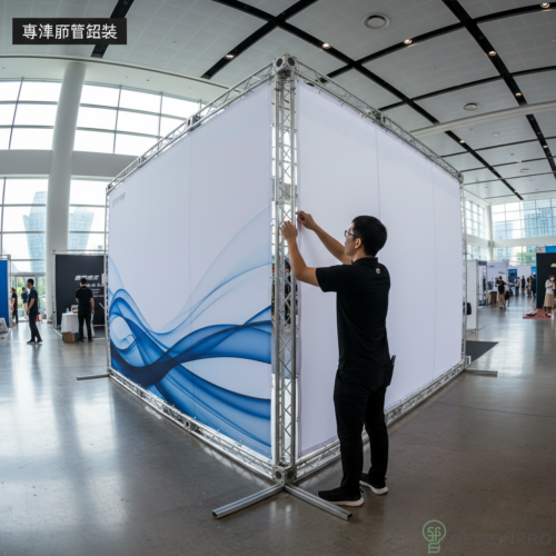 Boost Your Brand with 2026 Large Format Printing in Singapore 5 Event backdrop being assembled quickly from a tension fabric system. Large Format Printing