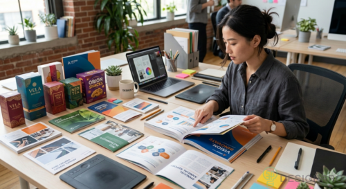 2026 SEO Strategy: Boost Singapore Design Business Rankings 8 Packaging and annual report design samples displayed on a desk