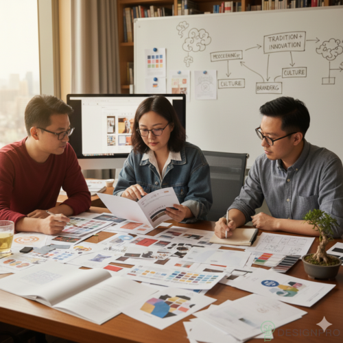 10 Minimalist Poster Design Ideas in Singapore 2026 8 Team reviewing brochure mockups and print samples